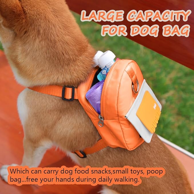 Dog Backpack Harness with Leash,Cute Pet Puppy Backpacks Bulid-in Dog Poop Bag Dispenser,Adjustable Pets Self Carrier Bag for Small Medium Dogs Travel Hiking Daily Walking(M, Orange)