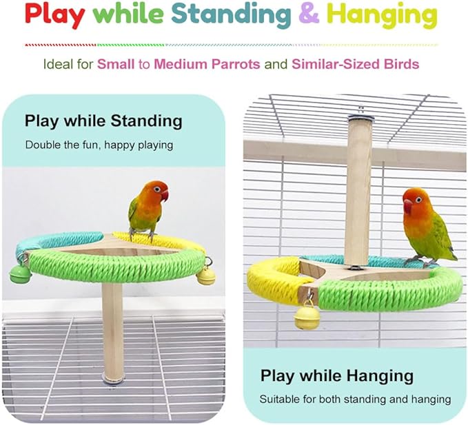 Bird Perch Toy with Bells, Parrot 360°Interactive Rotating Toy,Bird Cage Accessories for Small and Medium Parrots,Parrot Wooden Stand for Conures Parakeets Cockatiels Lovebirds