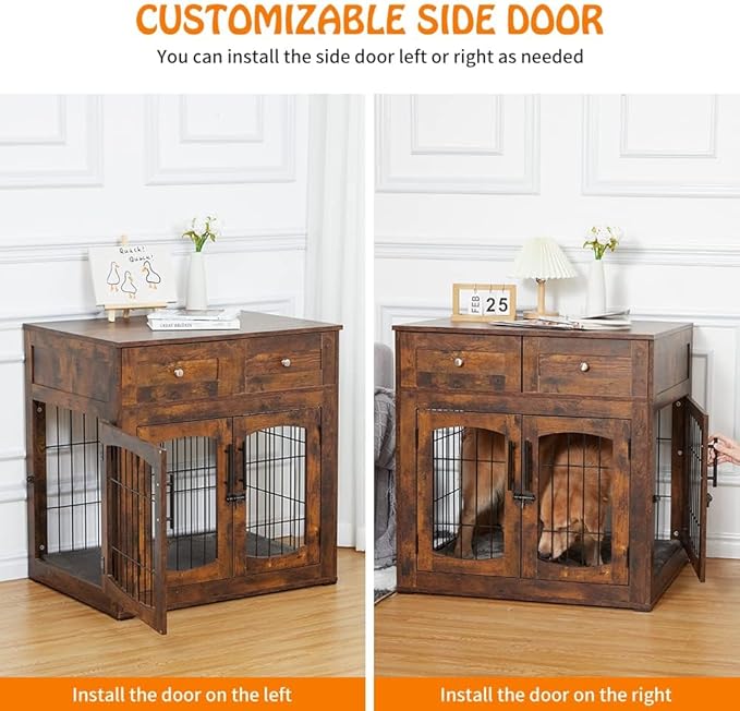 Dog Crate Furniture with Storage Drawers,39.4" Wooden Dog Crate Table with 2 Drawers,Indoor Dog Kennel with Cushion,Dog House,Dog Cage,Side End Table Crate,Rustic brown