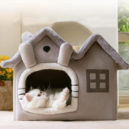 Luxury Double Roof Indoor Dog House Cat Nest,Foldable Warm Soft Kennel,30D High Elastic Memory Sponge,Removable Cushion and Non-Slip Bottom (Grey Double Roof, L)