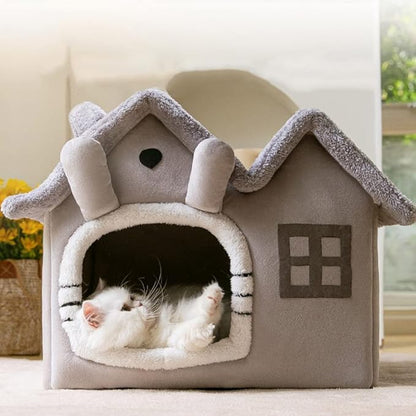 Luxury Double Roof Indoor Dog House Cat Nest,Foldable Warm Soft Kennel,30D High Elastic Memory Sponge,Removable Cushion and Non-Slip Bottom (Grey Double Roof, S)
