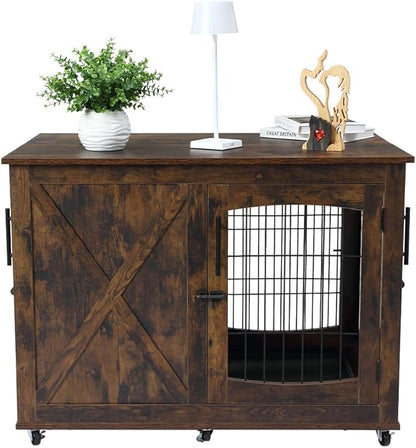 Wooden Dog Crate Furniture with Divider, Rustic Brown, 3 Doors Kennel with Tray, Easy Assembly, Anti-Slip, 130 lbs Weight Capacity