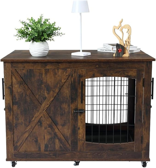 Wooden Dog Crate Furniture with Divider, Rustic Brown, 3 Doors Kennel with Tray, Easy Assembly, Anti-Slip, 130 lbs Weight Capacity