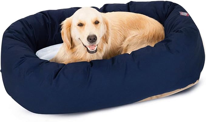 Majestic Pet 40 Inch Poly-Cotton Sherpa Calming Dog Bed Washable  Cozy Soft Round Dog Bed with Spine for Head Support - Fluffy Donut Dog Bed 40x29x9 (inch)  Round Pet Bed Large - Navy Blue