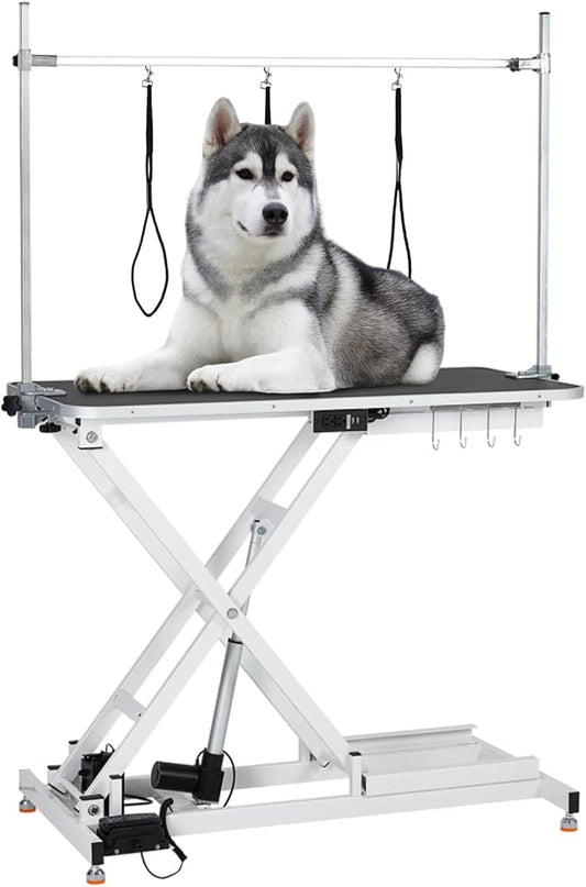 47 Electric Lift Dog Grooming Table (White), Heavy Duty Electric Grooming Arm Table for Pets & Large Dogs Adjustable Height: 9.4"-39.4" Non-slip Desktop with Gantry Crane Set, Fixture *4 Noose*2