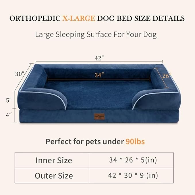 Extra Large Dog Beds, Waterproof Orthopedic Foam Dog Beds, XL Dog Bed with Bolster, Washable Dog Bed Sofa Pet Bed with Removable Cover & Non-Slip Bottom(X-Large,Navy Blue)