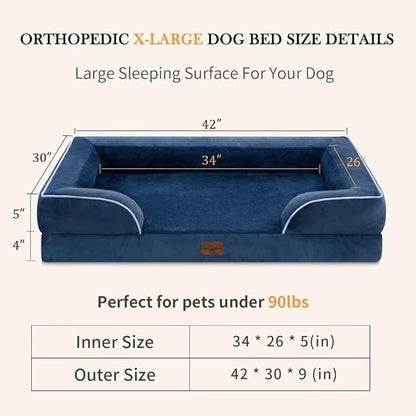 Extra Large Dog Beds, Waterproof Orthopedic Foam Dog Beds, XL Dog Bed with Bolster, Washable Dog Bed Sofa Pet Bed with Removable Cover & Non-Slip Bottom(X-Large,Navy Blue)