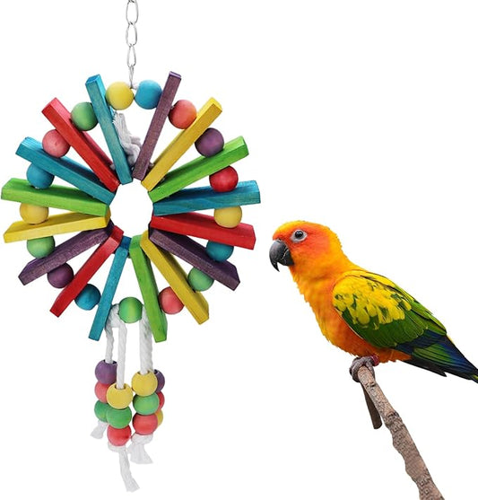 Parrot Hanging Chew Toy Bird Bite Swing with Colorful Wood Beads Bells for Parrot Macaw African Greys Cockatiels Cage Accessories (Colorful Wood Toy)
