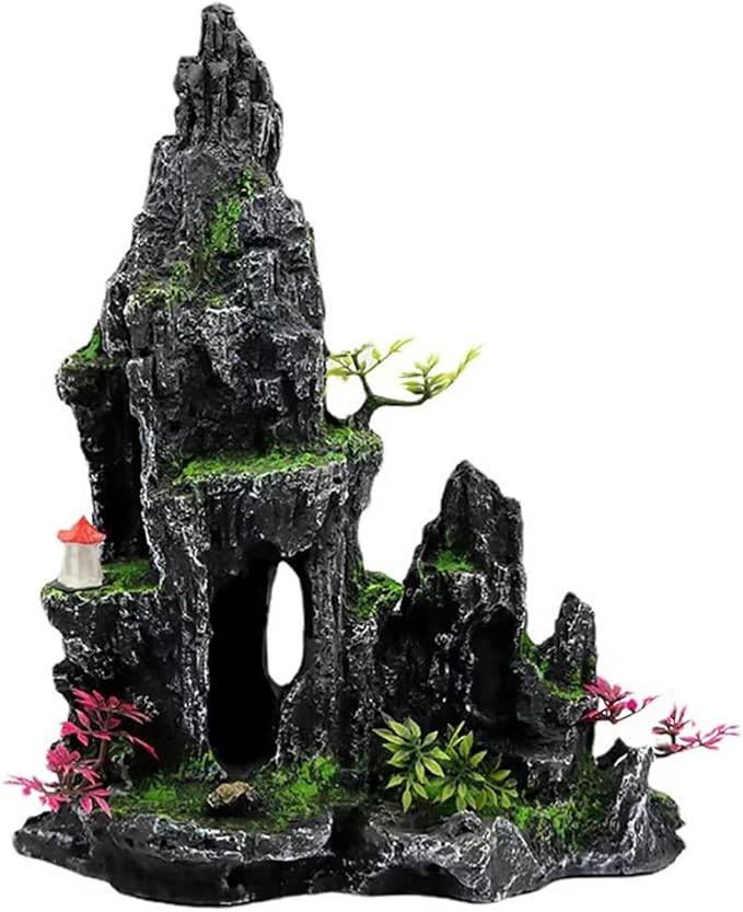 Aquarium Décor Thematic Ornaments-Mountain View Stone Ornament Tree Rock Cave Fish Tank Decoration Fish Rest Play Hiding Cave