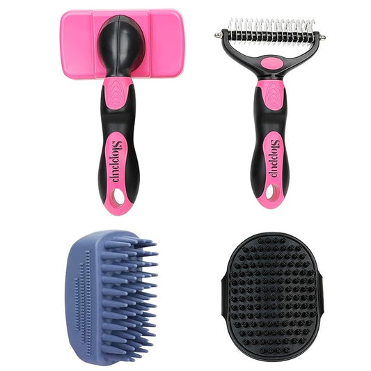 Dog Brush Kit for Grooming Short & Long Haired Dogs & Cats, 4-in-1 Pet Grooming Set with Self-Cleaning Slicker Brush, Deshedding Tool, Shampoo Bath Comb, Massge Comb (Pink Black)