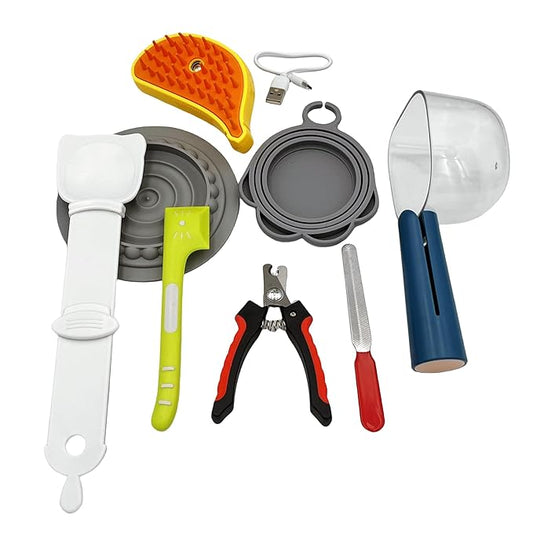 Pet Grooming Food Kit, 8Pcs Dog Cat Can Supplies Set,Steam Brush,Nail Clipper & File,Food Can Spoon,Pet Food Scoop with Bag Clip,Cat Strip Feeder Spoon,Food Can Lid Cover,Slow Feeder Bowl