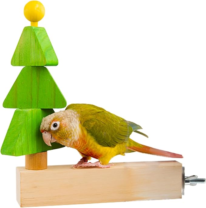 Bird toys & Bird Perch, Bird Wooden Block Chewing Toy Parrot Foraging & Puzzle Toys Bird Cage Accessories for Conures Parakeets Cockatiels Lovebirds African Grey Macaws (Revolving Christmas Tree)