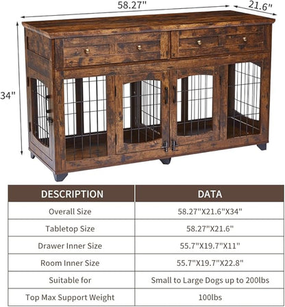 2 Rooms Dog Crate Furniture with Openable Partition,58" Wooden Dog Crate Table with 2 Drawers,5-Doors Dog Furniture,Indoor Dog Kennel,Dog House,Dog Cage,TV Stand (Brown)