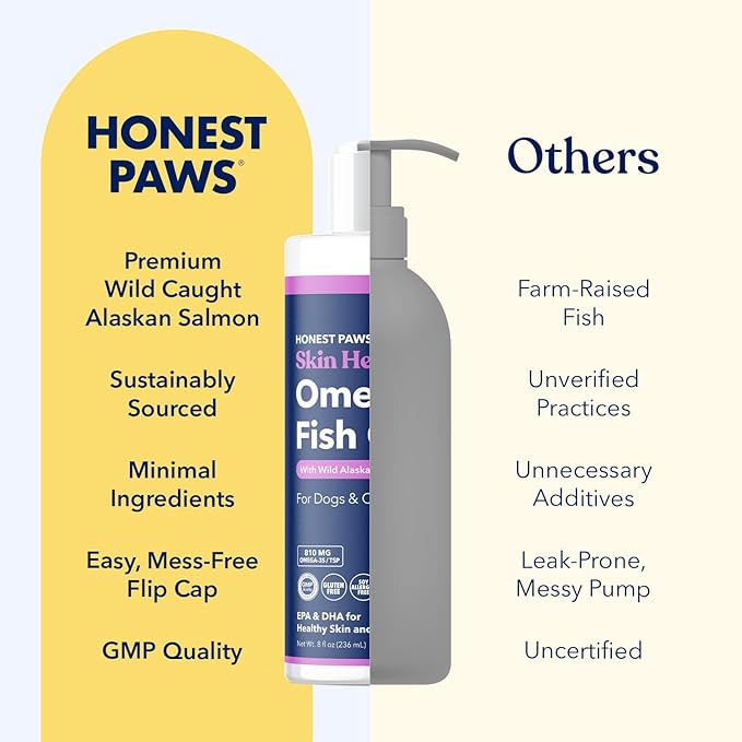 Honest Paws Wild Alaskan Salmon Oil for Dogs & Cats  Omega 3 Fish Oil Supplement for Skin, Coat, Joint & Heart Health  Natural, Sustainably Sourced, 8 oz