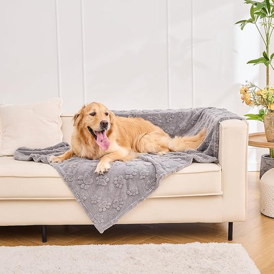 Qeils Jacquard Dog Blankets for Large Dogs, Cozy Calming Cat Blankets Washable, 280GSM Coral Fleece Plush Fluffy Throw Blanket, Grey Paws, 30x40IN