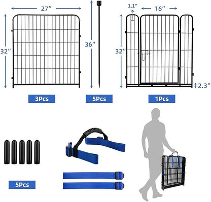 ADAVIN 32 in(H) Garden Fences and Borders,1 Gate+3 Panels Dog Fence Outdoor for Yard, Heavy Duty Iron Metal Animal Barrier Fence, Camping Fence, Flower Garden Fencing,Total 8.9 Ft(L), Black
