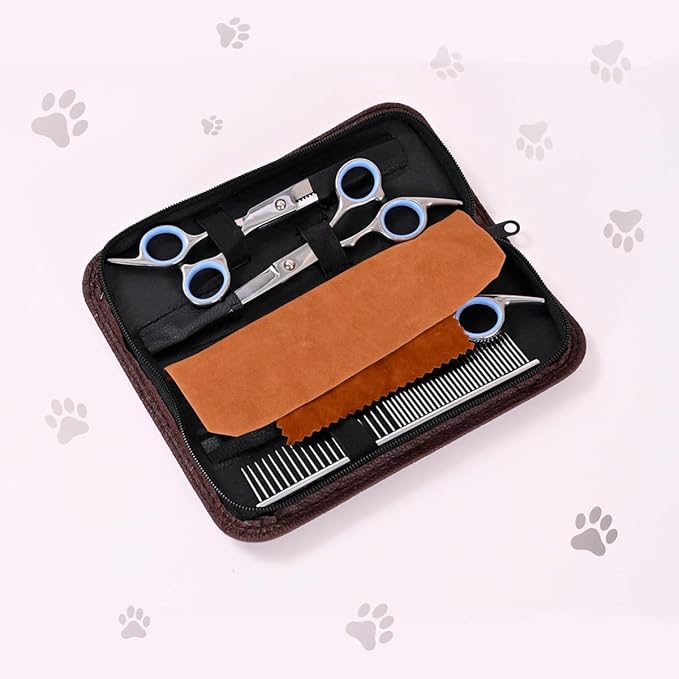 Dog Grooming Scissors Kit with Rounded Blunt Tips - Straight, Curved & Thinning Shears - Best Tools for Goldendoodles, Poodles & Doodles - Professional Grade Steel, 4 Pc Set [We Love Doodles]