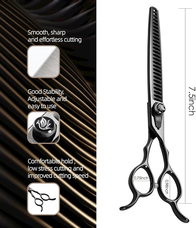 Dog Grooming Scissors: 7.5 inch Bright Black Pet Chunker Shears Made Of Japanese 440C Advanced Stainless Steel Professional Grooming Scissors for Dogs Cats and Other Pets
