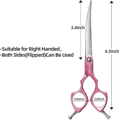 6.5" Curved Grooming Scissors for Dogs 440C Stainless Steel Professional Dog Grooming Scissors with Ultra-Light Aeronautical Aluminum Handle (Pink-Curved)