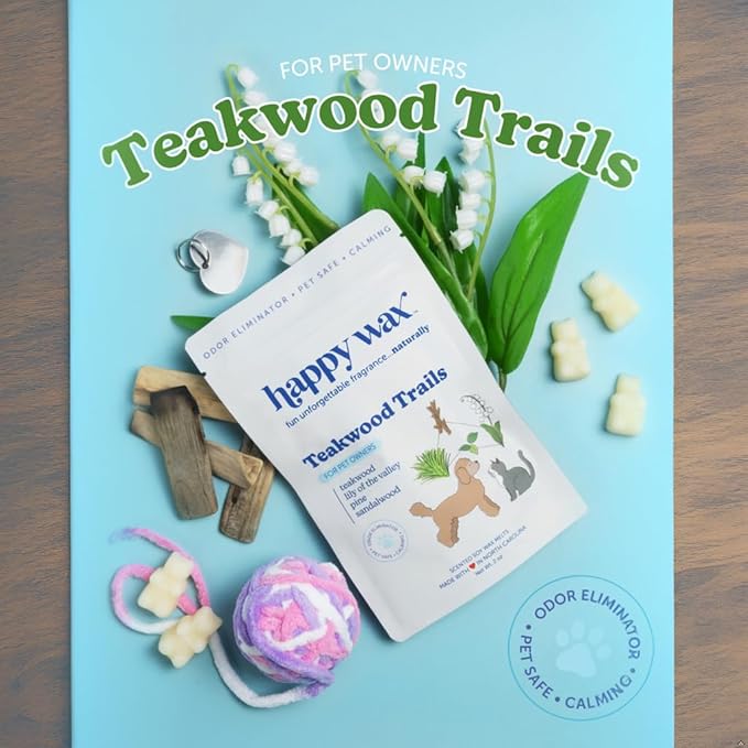 Happy Wax Teakwood Trails Wax Melts for Pet Owners  Odor Eliminating, Calming, Pet-Safe, Non-Toxic, Dye-Free, Perfect for Use with Wax Warmers - 4 oz Pouch