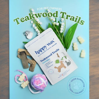 Happy Wax Teakwood Trails Wax Melts for Pet Owners  Odor Eliminating, Calming, Pet-Safe, Non-Toxic, Dye-Free, Perfect for Use with Wax Warmers - 4 oz Pouch