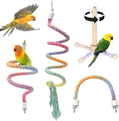 4-Piece Bird Toys for Parrots - 360° Rotating Wooden Perches for Cages, Interactive Bird Cage Accessories with Swing & Ladder, Suitable for Small-Medium Parrots, Parakeets, Cockatiels