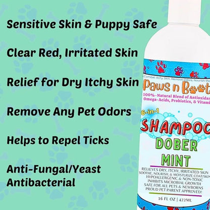 6-in-1 Dog Shampoo - Fast Relief for Allergies, Dry, Itchy, Skin. Premium & Beneficial Ingredients to Repair and Nourish The Skin/Coat. 100% Natural, Organic, Plant-Based, Dober-Mint