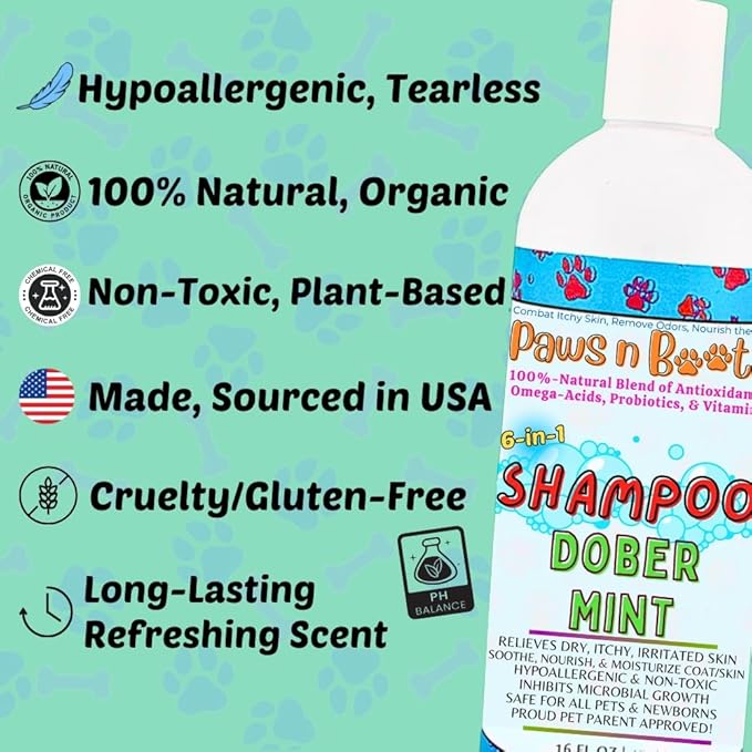 6-in-1 Dog Shampoo - Fast Relief for Allergies, Dry, Itchy, Skin. Premium & Beneficial Ingredients to Repair and Nourish The Skin/Coat. 100% Natural, Organic, Plant-Based, Dober-Mint