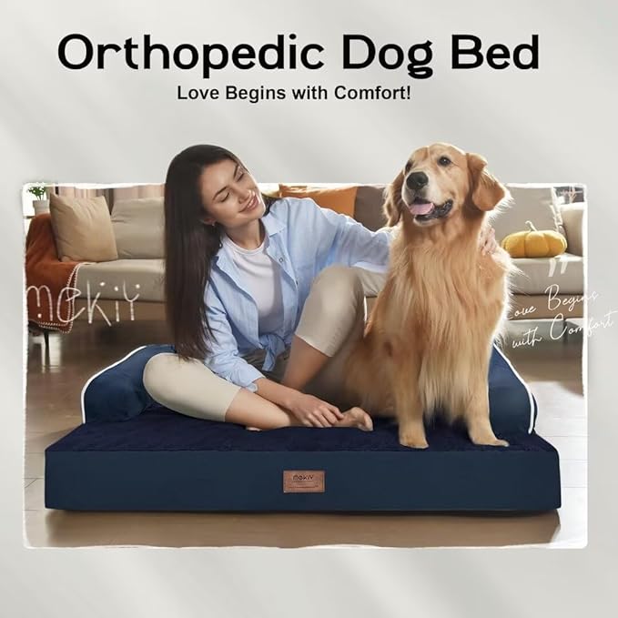 Orthopedic Large Dog Bed Washable: Orthopedic Dog beds for Large XXXLarge Size Dogs, Waterproof Washable Cover with Egg Foam Removable Bolster, Navy Blue Pet Beds for Large Dogs