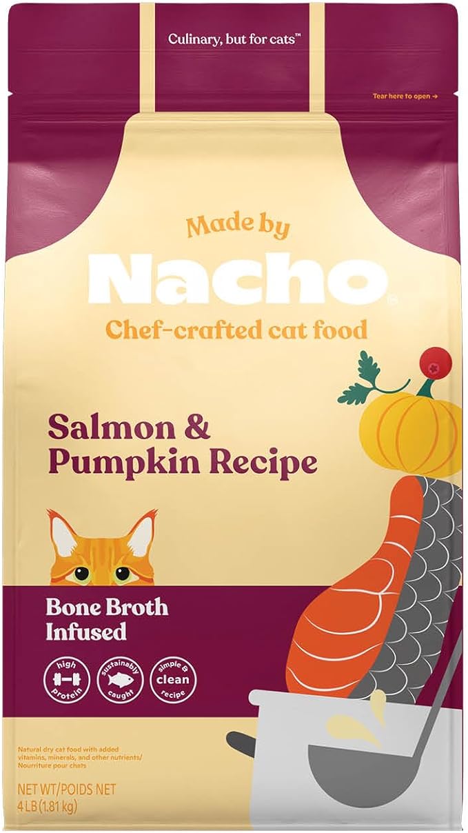 Made by Nacho Dry Cat Kibble 4lb Bag, High Protein and Grain-Friendly Premium Cat Food, Sustainably Caught Salmon and Pumpkin, Infused with Bone Broth for Hydration, Limited Ingredients, Single Bag
