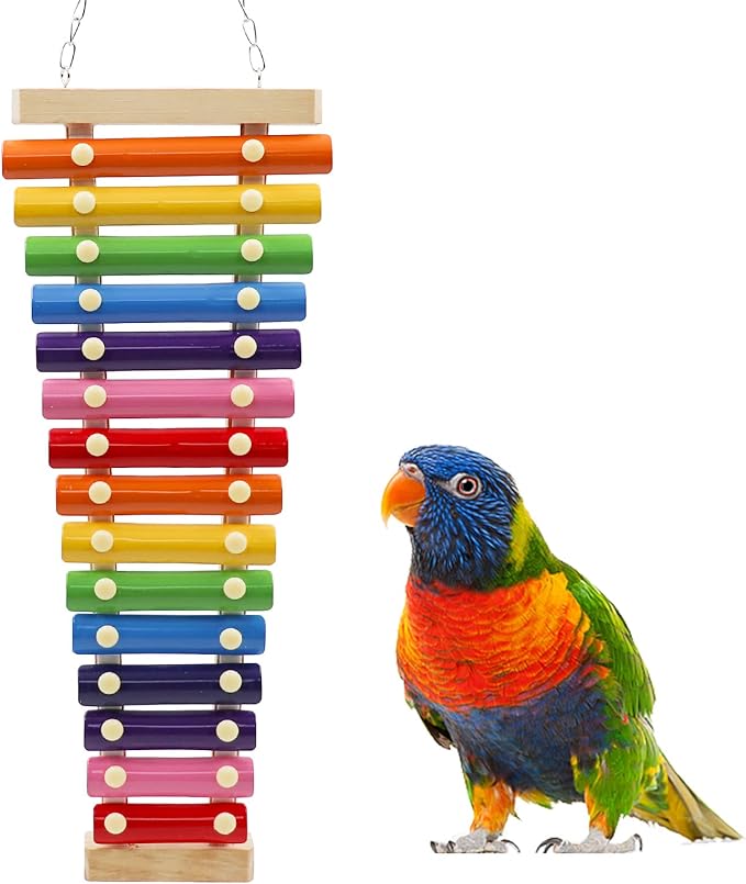 Dnoifne Large Colorful Bird Xylophone Toy, Suspensible Funny Xylophone Toy with 15 Metal Keys, Cage Accessories for Chicken Chick Birds Parrots Parakeets Cockatiels Budgies Love Birds