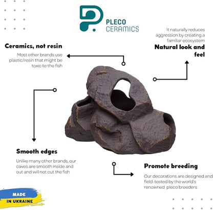 Plecoceramics Aquarium Ceramic Decorations Cave Betta Stone Decor - Aquarium Fish Tank Hideway Decor for breeding Cichlids Plecos Betta Toys Hideout (Magma Rock)