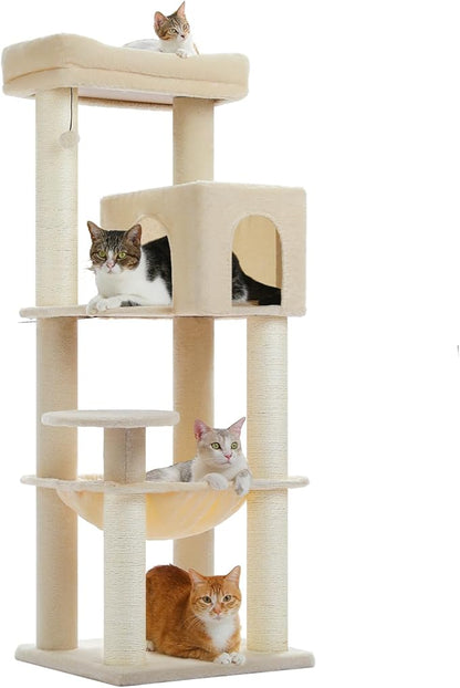 Large Cat Tree with Reinforced Scratching Posts (φ3.7in) for Big Adult Cats 30 lbs, 57.8" Heavy Duty Cat Tower with Larger Hammock and Condo, Cat Furniture for Maine Coon, Plush,Beige