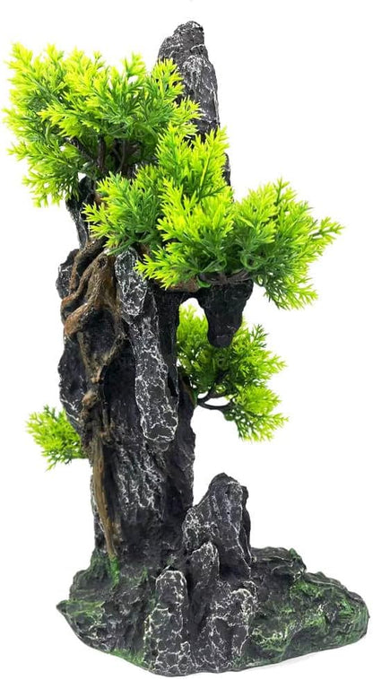 Aquarium Mountain View Stone Ornament Tree Rock Cave - Aquarium Decorations Large and Tall Fish Tank Decorations for Large Fish Tank - 13.4 Inches High