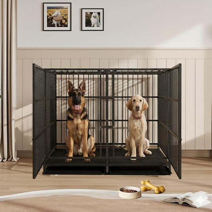 54 Inch Heavy Duty Dog Crate Cage with Divider, Indestructible and Escape Proof Steel Kennel Indoor for 2 High Anxiety Dogs with Sturdy Locks, Double Door and Tray, Extra Large XL XXL