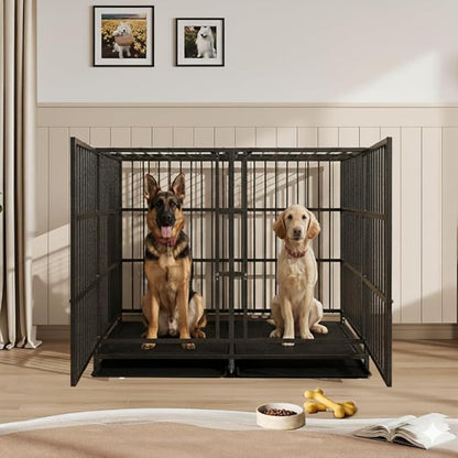54 Inch Heavy Duty Dog Crate Cage with Divider, Indestructible and Escape Proof Steel Kennel Indoor for 2 High Anxiety Dogs with Sturdy Locks, Double Door and Tray, Extra Large XL XXL