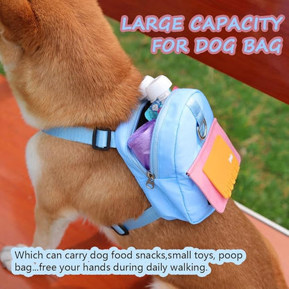 Dog Backpack Harness with Leash,Cute Pet Puppy Backpacks Bulid-in Dog Poop Bag Dispenser,Adjustable Pets Self Carrier Bag for Small Medium Dogs Travel Hiking Daily Walking (M, Blue)