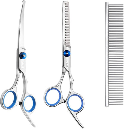 Dog Grooming Scissors Set with Safety Round Tip (2 Pack - Curved Scissors Thinning Shears for Pets) Blue
