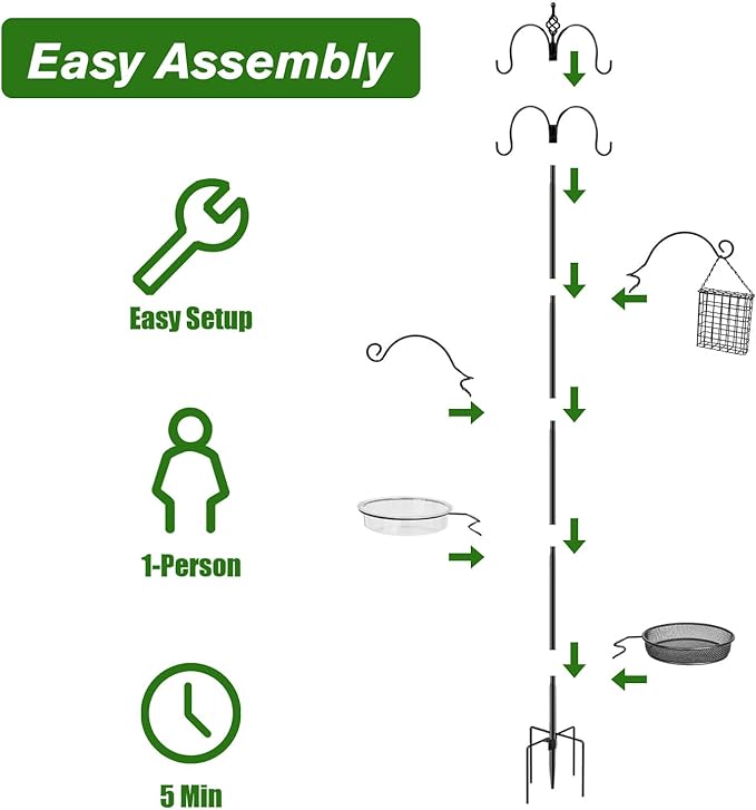 Bird Feeding Station, 90.55in 6-Hook Wild Bird Feeder Stand Pole with Water & Mesh Tray Humming Bird Feeders for Outdoors Easy Assembly for Courtyards Gardens (Black)