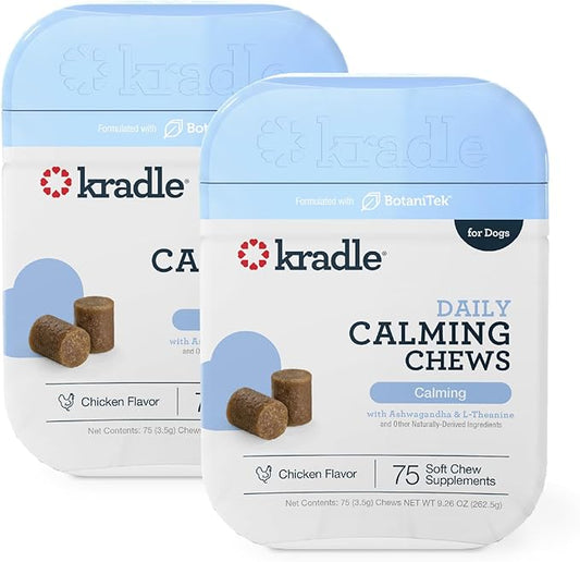 Kradle Calming Chews for Dogs - Anxiety and Stress Support - L-Theanine Ashwagandha GABA - Calming Supplement for Relaxation and Stress - Chicken Flavor- 150 Non-Drowsy Chews