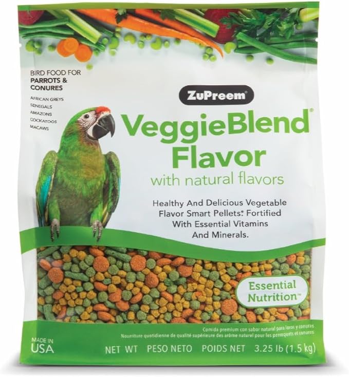 ZuPreem VeggieBlend Bird Food, Bird Feed Pellets for Parrots, Conures, Caiques, African Greys, Eclectus & Small Cockatoos, Parrot Food, Conure Diet, Made in USA, (Medium/Large, 3.25 lb)