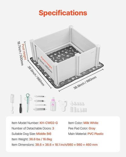 VEVOR Dogs Whelping Box, 38.6 x 38.6 x 18.1 inch, Plastic PVC Puppies Playpen with Height Adjustable Door and Washable Pee Pad, Anti-Deformation Indoor Puppy Play Pen for Medium Breed Dogs, Milk White