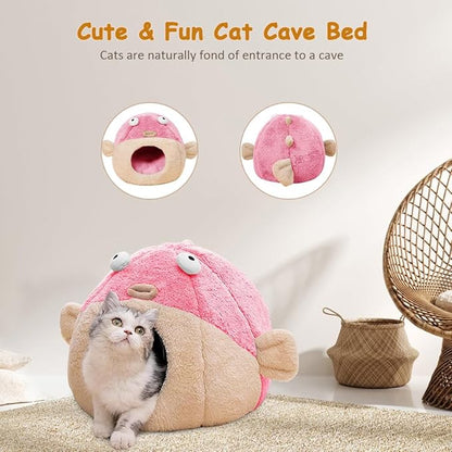 Cat Beds for Indoor Cats - Cat Bed Cave with Removable Washable Cushioned Pillow, Soft Plush Premium Cotton No Deformation Pet Bed, Lively Pufferfish cat House Design, Pink, Multiple Sizes