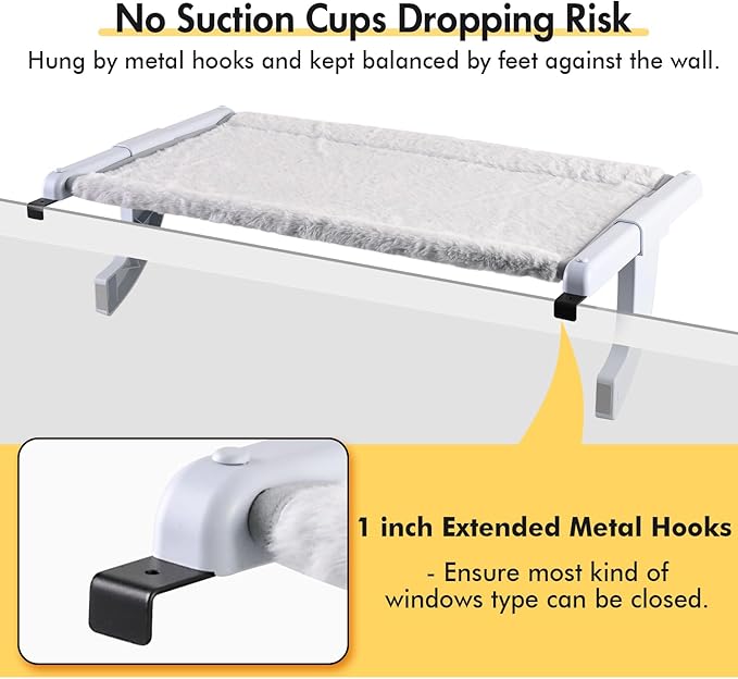 Window Sill Mount Cat Perch for Indoor Cats, One-Step Sliding Clamping Slot Adjustment Cat Hammock with Washable Cover, No Suction Cups Pet Bed for Windowsill & Bedside (XL)
