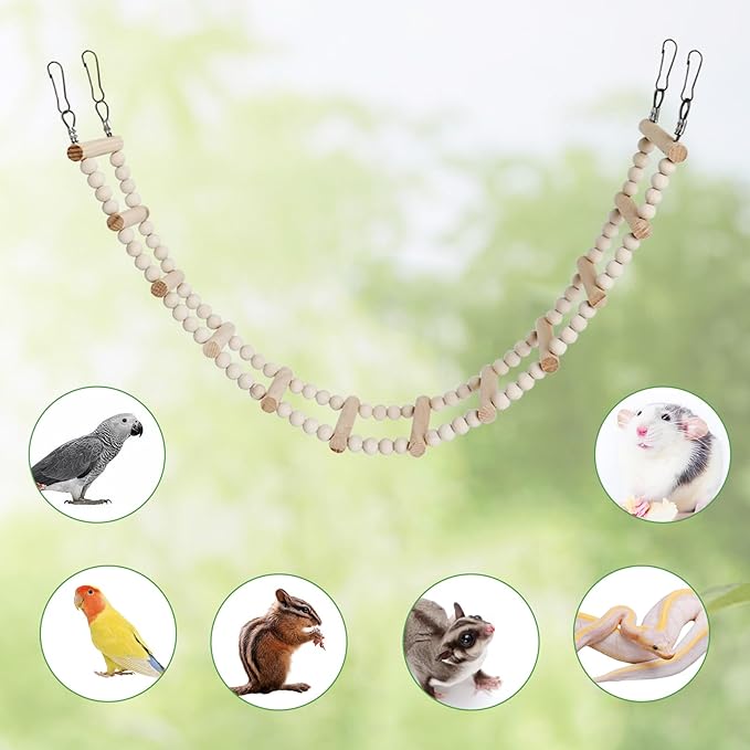 Long Bird Ladder with Wooden Rungs and Beads, Parakeet Climbing Swing Toys, Bird Cage Accessories, Wooden Climbing Bridge Toys for Parrots, Rat, Sugar Gliders, Squirrels, Snakes