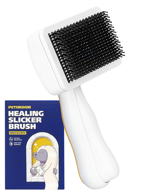 [PETHROOM] Healing Slicker Brush | Pet Brush | Dogs & Cats | Goldendoodle Brush | Coated Tips for Gentle Grooming | Dog Brush for Shedding | Long-Haired or Curly-Haired Dogs, White & Yellow