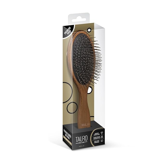 TAURO PRO LINE Wooden Dog Brush for Detangle Long and Short Hair, Wooden Soft Massage Brush for Grooming Haired Dogs and Cats, Flexible Cushion and Non-Slip Grip, Oval, 8,66 x 2,36 inch, Brown