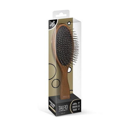 Tauro Pro Line Wooden Dog Brush for Long & Short Hair - Deshedding & Detangling Brown Massage Brush for Dog & Cat Grooming - Oval Flexible Cushion & Lightweight, Ideal for All Coat Types, S