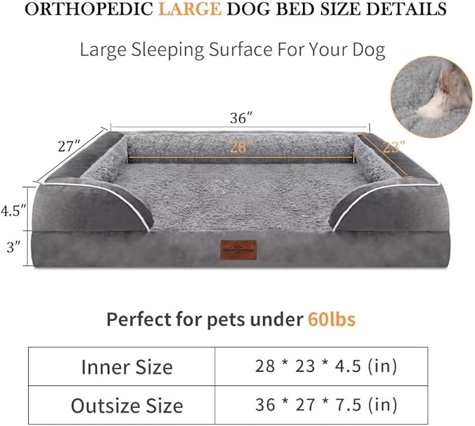 Cooling Dog Bed for Large Dogs, Orthopedic Memory Foam Dog Bed, Waterproof Dog Beds, Washable Dog Bed with Removable Cover,Pet Bed Dog Sofa with Bolster(Large,Silver Grey)