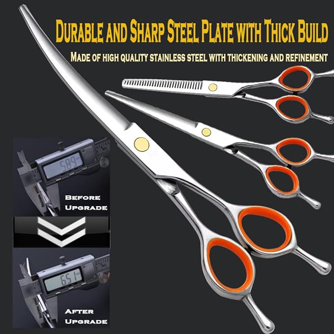 AIRY 7.5-in Professional Dog Grooming Scissors Set - Premium Stainless Steel Scissors Kit Including Straight Cutting, Thinning Shears, Curved Scissors,Comb and Storage Bag,Pet Grooming Kit for Dogs